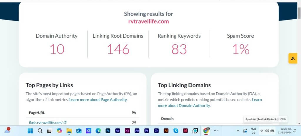 Initial Moz domain authority score for the rv travel website before SEO and link building work.